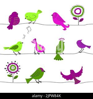 Nahtloses Muster mit niedlichen Vögeln in Grün und Lila. Cartoon-Vögel und abstrakte Blumen isoliert auf weiß. Vektorhintergrund Stock Vektor