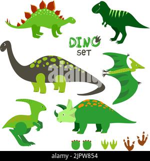 Niedliches Dinosaurier-Set. Sammlung von Cartoon-Dinosaurier und Drucke. Vektorgrafik Stock Vektor