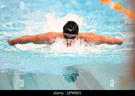 Sydney, Australien. 20. August 2022. Trenton Julian vom United States Swimming Team tritt beim Duell im Pool des Sydney Olympic Park Aquatic Centre 2022 im 100 Meter LC Butterfly der Männer an. Trenton Julian platzierte sich bei diesem Event auf dem vierten Platz. Kredit: SOPA Images Limited/Alamy Live Nachrichten Stockfoto