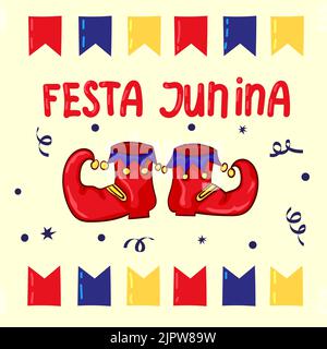 Festa Junina - Juni Festival, nationaler brasilianischer Feiertag. Rote Clown Schuhe und Fahnen Stock Vektor