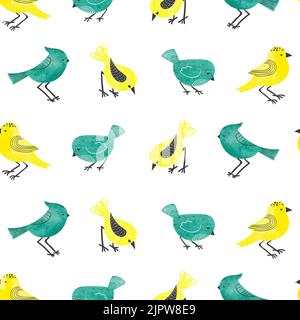Niedliche Aquarell Vögel nahtlose Muster. Vektor-Hintergrund mit Cartoon Vögel auf weiß isoliert. Stock Vektor
