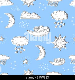 Wetterkonzept Nahtloses Muster. Cartoon Sonne, Mond, Stern, Wolken. Skizzieren Sie den Vektorhintergrund mit Wettersymbolen Stock Vektor