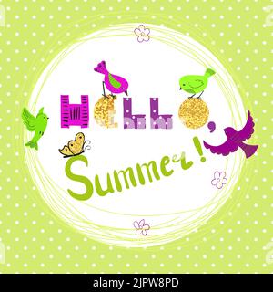 Sommer-Karten-Design mit niedlichen Cartoon-Vögel. „Hello Summer“-Schriftzug. Farbenfrohe Vektor Sommer Hintergrund Stock Vektor