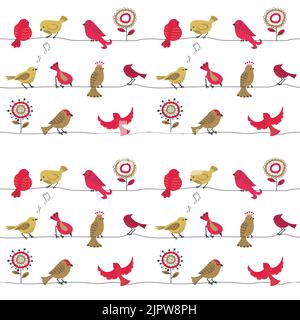 Niedliche Vögel auf Draht nahtloses Muster. Vektor-Hintergrund mit Cartoon Vögel Stock Vektor