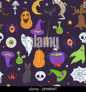 Halloween Nahtloses Muster auf lila Hintergrund. Stock Vektor