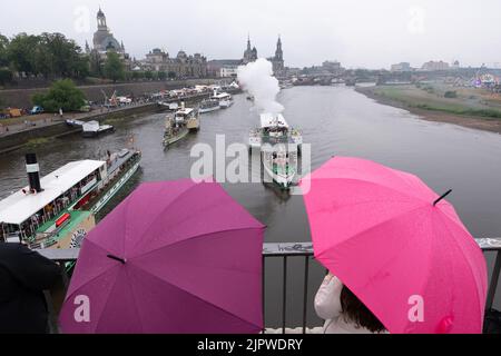 Dresden, Deutschland. 20. August 2022. Die historischen Dampfschiffe der Sächsischen Dampfschiffahrt starten an der Elbe zur Dampfschiffparade. Anlass ist das Steamboat Festival, das parallel zum Dresdner Stadtfest Canaletto vom 19. Bis 21. August 2022 stattfindet. Quelle: Sebastian Kahnert/dpa/Alamy Live News Stockfoto