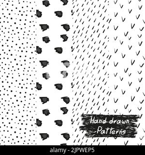 Satz von Hand gezeichneten nahtlosen Mustern in Schwarz und Weiß. Sammlung von Doodle-Vektor-Hintergründe Stock Vektor