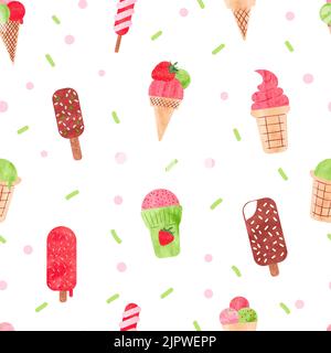 Aquarell-Eis nahtloses Muster. Vektor-Hintergrund mit buntem Eis auf Stick, Eislolly und Kegel Stock Vektor