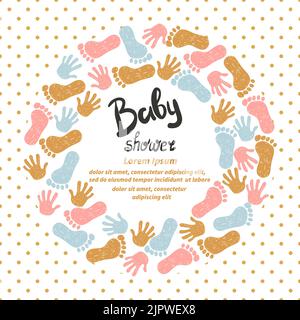 Babydusche Einladungskarte Design. Vektor-Vorlage mit niedlichen Doodle Hand- und Fuß-Prints Stock Vektor