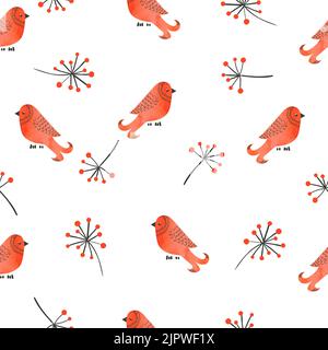 Nahtloses Muster mit niedlichen Aquarell-roten Vögeln und Ästen. Vektorhintergrund Stock Vektor