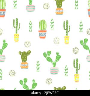 Nahtloses Muster mit Doodle Cactus. Vektor-Hintergrund mit Cartoon-Blumen in Töpfen Stock Vektor