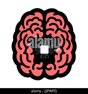 Hirnimplantat, KI und künstliche Intelligenz - menschliches Gehirn mit Chip, Mikrochip und Prozessor im Inneren. Vektorgrafik isoliert auf Weiß. Stockfoto