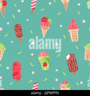 Aquarell-Eis nahtloses Muster. Vektor-Hintergrund mit buntem Eiscreme - Eiscreme, Zapfen, Erdbeer-Eisbecher Stock Vektor