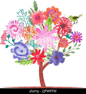 Wasserfarbener Blütenbaum mit abstrakten bunten Blumen und Vögeln. Vektorgrafik Stock Vektor