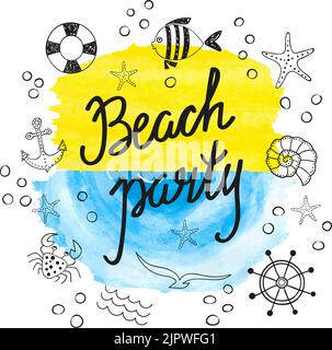 Strandparty-Poster-Design. Vektor-Illustration von Doodle marine Icons Stock Vektor