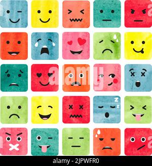 Aquarell bunte Emoticons Set. Sammlung von Emoji. Vektorgrafik Stock Vektor