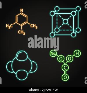 Neon Chemie Science-Ikone im Linienstil. Chemische Formel und Molekülstruktursymbole. Vektorgrafik. Stock Vektor