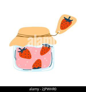 Hausgemachte Erdbeermarmelade, Obst aus der Dose in handgezeichneter, flacher Form. Vektor-Illustration von Glas mit Konserven, Kompott, Marmelade Stock Vektor
