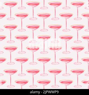Nahtloses Muster mit Gläsern mit Rosenwein. Glamouröse trendige Gläser mit Alkohol in Aquarell lackiert. Aquarell handgezeichnete Illustration. Stockfoto