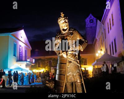 Ballenstedt, Deutschland. 20. August 2022. Vor dem Schloss in Ballenstedt steht eine illuminierte Skulptur mit dem Bild Albrecht des Bären. Ein Beitrag von Eduard Prinz von Anhalt ziert das goldene Buch der Stadt Ballenstedt. Eduard von Anhalt hat der Stadt Ballenstedt hervorragende Verdienste erwiesen und wurde beim Jahresempfang in Ballenstedt mit einem Eintrag in das Goldene Buch geehrt. Quelle: Matthias Bein/dpa/Alamy Live News Stockfoto