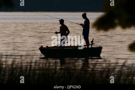 Eutin, Deutschland. 16. August 2022. 16.08.2022, Eutin. Zwei junge Männer fischen von einem Boot am Kellersee im Hintergrund der Abendsonne. Der eine (l) verwendet eine Spinnstange, der andere eine Fliegenstange. Die beiden Angler und das Fischerboot sind nur als Silhouetten sichtbar, wie eine Silhouette. Quelle: Wolfram Steinberg/dpa Quelle: Wolfram Steinberg/dpa/Alamy Live News Stockfoto