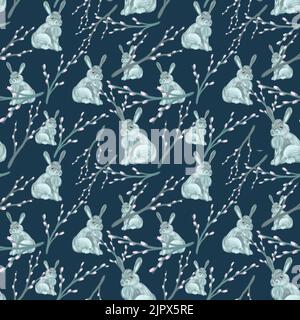 Nahtloses Muster Kaninchen und Weide in Aquarell in einem realistischen Stil auf einem dunklen Hintergrund gemalt. Stockfoto