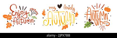 Hello Autumn Vektor handgezeichnetes Schriftzügen-Design. Herbst Willkommen Banner Kalligraphie Phrase. Stock Vektor