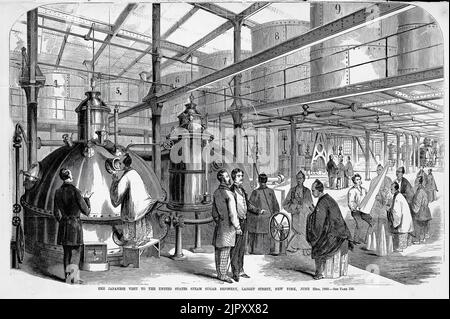 Der japanische Besuch in der Dampfzuckerraffinerie der Vereinigten Staaten, Laight Street, New York, 23.. Juni 1860. Japanische Botschaft in den Vereinigten Staaten. 19.. Jahrhundert Illustration aus Frank Leslie's Illustrated Newspaper Stockfoto