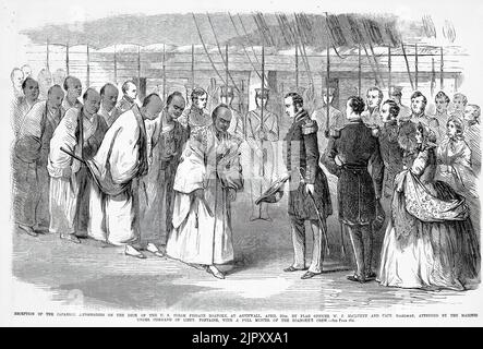 Empfang der japanischen Botschafter auf dem Deck der US-Dampffrigate Roanoke, in Aspinwall, am 25.. April 1860 durch den Flaggenoffizier W. J. McCluney und Kapitän William H. Gardner, an dem die Marines unter dem Kommando von Leutnant Fontaine teilnehmen, mit einem vollen Muster der Besatzung der Roanoke. Japanische Botschaft in den Vereinigten Staaten. 19.. Jahrhundert Illustration aus Frank Leslie's Illustrated Newspaper Stockfoto