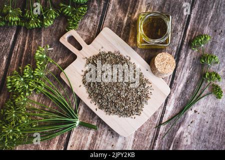Dillblüten und trockene Samen, Anethum graveolens ätherisches Kosmetiköl in Flasche auf Holzgrund, obenliegend flach liegend Stockfoto