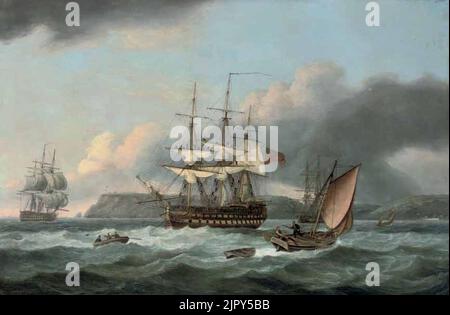 Thomas Luny - H.M.S. Bellerophon vor Torbay vor Anker, aber Segel mit dem besiegten Kaiser Napoleon an Bord, 26.. Juli 1815 CSK 2010 Stockfoto
