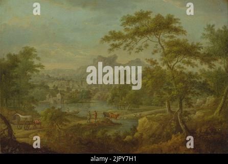 Thomas Smith von Derby - eine imaginäre Landschaft mit einem Wagen und ein entfernter Blick auf eine Stadt Stockfoto