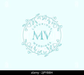 MV Initialen Brief Hochzeit Monogramm Logos Vorlage, handgezeichnete moderne minimalistische und florale Vorlagen für Einladungskarten, Save the Date, elegant Stock Vektor