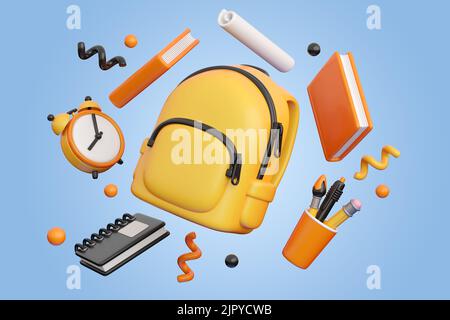 Konzept der Back-to-School, Lernen und Online-Bildung Banner. Rucksack fliegen mit Schreibzubehör, Uhr und Büchern. 3D hochwertige Render Stockfoto