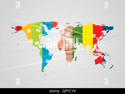 Abstrakter Hi-Tech-Hintergrund mit farbenfroher Erdkarte. Vektorgrafik Stock Vektor