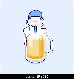 Geschäftsmann, der sich in einem Bierkrug entspannt. Cartoon-Figur dünne Linie Stil Vektor. Stock Vektor
