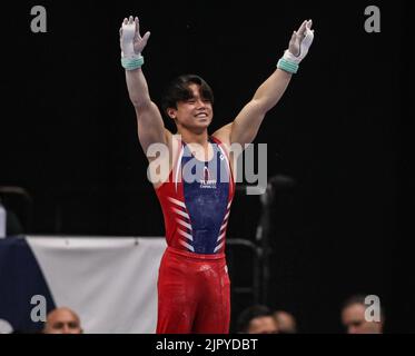 20. August 2022: Asher Hong von der Cypress Academy lächelt, nachdem sein Ring während der U.S. Gymnastik Championships 2022 in der Amalie Arena in Tampa, FL, demontierte. Kyle Okita/CSM Stockfoto