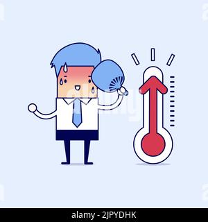 Geschäftsmann sehr heiß, weil erhöhte Temperatur. Cartoon-Figur dünne Linie Stil Vektor. Stock Vektor