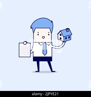 Geschäftsmann Immobilienmakler Holding Haus und Vertrag. Cartoon-Figur dünne Linie Stil Vektor. Stock Vektor