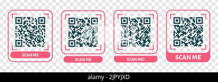 Scannen Sie mich QR-Code-Design. QR-Code für Zahlung, Textübertragung mit Scan Me-Taste. Vektorgrafik isoliert auf weißem Hintergrund Stock Vektor