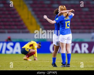 San Jose, Costa Rica. 20. August 2022. San Jose, Costa Rica, August 20. 2022: Pati Maldaner (13 Brasilien) feiert ihren Sieg und Eintritt in das Halbfinale während der FIFA U20 Womens World Cup Costa Rica 2022 Viertelfinale Fußballspiel zwischen Kolumbien und Brasilien im Estadio Nacional in San Jose, Costa Rica. (Daniela Porcelli/SPP) Quelle: SPP Sport Press Foto. /Alamy Live News Stockfoto