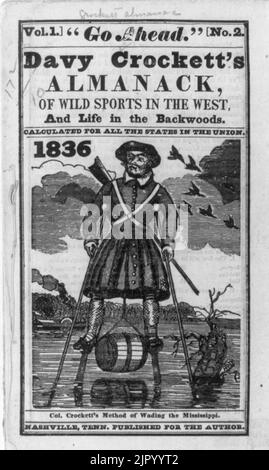 Titelseite aus Davy Crocketts Almanack (1836), Band 1, Nr. 2, illus. Mit ''Crocketts Methode des Watens des Mississippi'' (auf Stelzen) Stockfoto