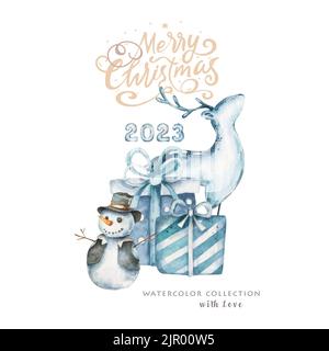 Neujahr und frohe Weihnachten Aquarell Illustration. Geschenkboxen, Hirsche und Schneemann. Schriftzug „Happy Holidays“ Stockfoto