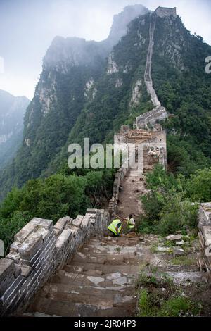 (220821) -- PEKING, 21. August 2022 (Xinhua) -- Arbeiter graben das Gebiet zu archäologischen Zwecken im forschungsbasierten Restaurierungsteil des Jiankou-Abschnitts der Großen Mauer in Peking, der Hauptstadt Chinas, am 17. August 2022 aus. Der Jiankou-Abschnitt der Großen Mauer, einst unter den Wanderern als „verlassene große Mauer“ bekannt, liegt im Vorort Huairou in Peking und gilt als einer der gefährlichsten Teile der Reliquie. Ein Restaurierungsprojekt, das sich hauptsächlich auf eine 1.678 Meter lange Wand mit 8 Wachtürmen im westlichen Teil des Abschnitts Jiankou konzentriert, wird voraussichtlich bis Ende des abgeschlossen sein Stockfoto