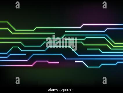 Leuchtende Neon-Leiterplattenlinien auf schwarzem Hintergrund. Vector-Technologie-Design Stock Vektor
