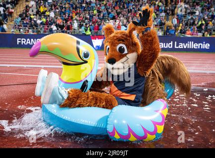 München, Deutschland. 20. August 2022. Europameisterschaften, Europameisterschaften, Leichtathletik, Maskottchen 'Gfreidi' in Aktion. Quelle: Sven Hoppe/dpa/Alamy Live News Stockfoto