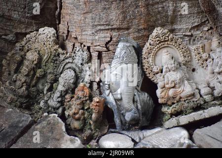 Idole von hinduistischen Göttern unter einem Baum. Stockfoto