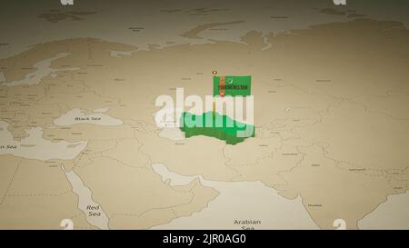 3D Turkmenistan Karte mit Freiheitsbanner Vorlage. Webbannerwerbung für die Werbung in sozialen Medien Stockfoto