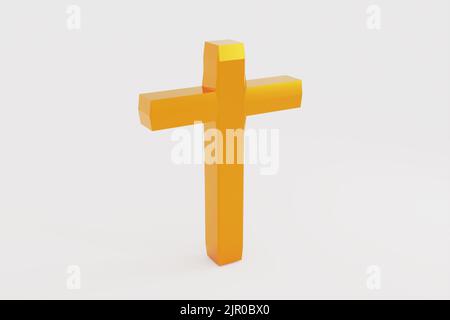 3D Darstellung eines goldenen Kreuzes auf weißem Hintergrund mit Beschneidungspfad. Christlicher Glaube, katholisches Religionssymbol. Stockfoto