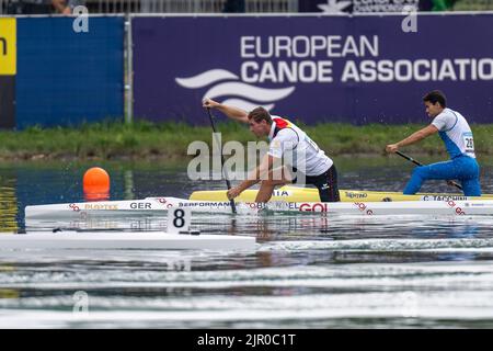 20. August 2022, Bayern, Oberschleißheim: Kanu: Europameisterschaft, Kanadier-einer, 5000m, Männer, Finale, Sebastian Brendel (GER). Foto: Ulrich Gamel/Kolbert-Press/dpa Stockfoto